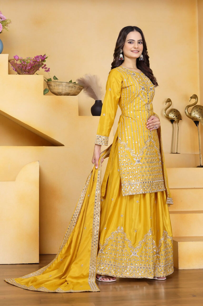 Teeya Creation Yellow Color Natural Crepe Silk Wedding Wear Trending Palazzo Set