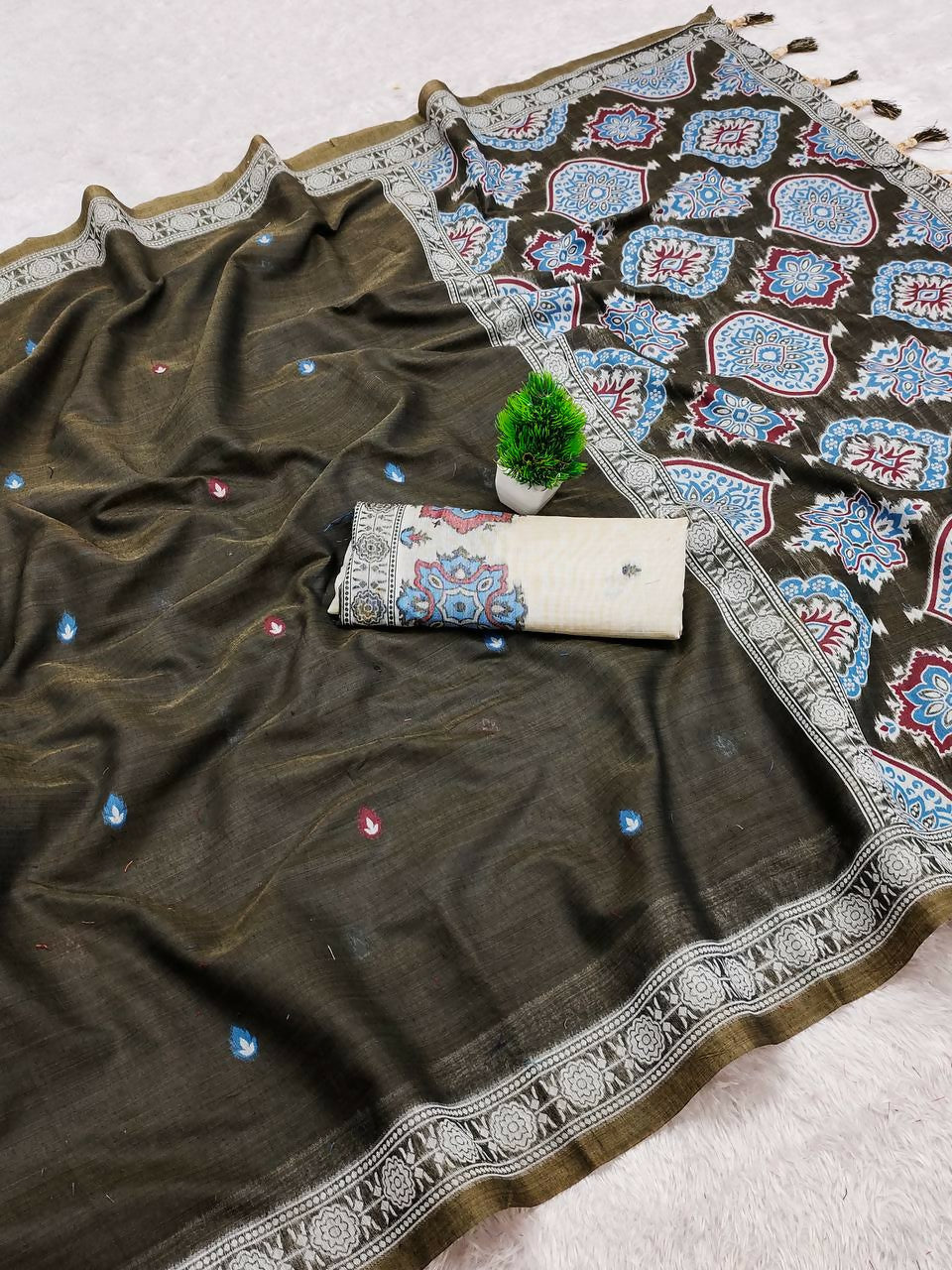 Vastranavya Mehendi Muga Cotton Meenakari & Azarakh Pallu Saree with Contrast Blouse
