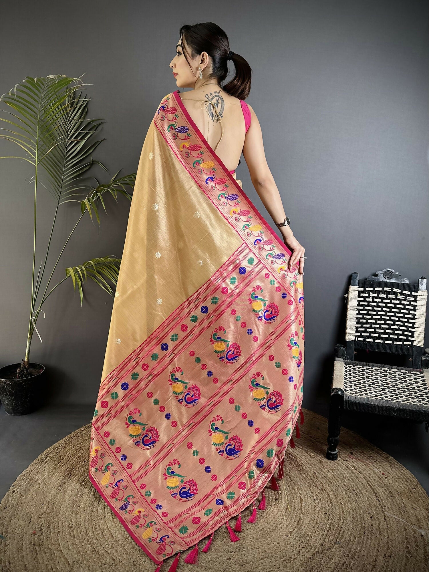Joban Fashion Beige Zari Weaving Tissue Paithani Saree