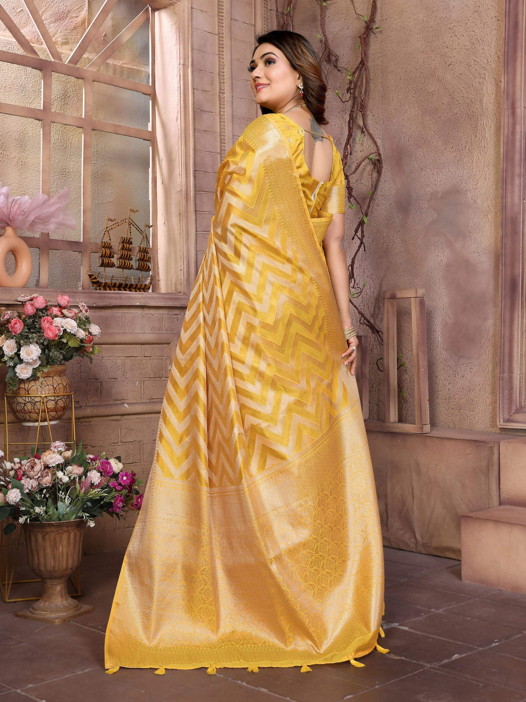 Aastha Fashion Yellow Soft Organza Silk Weaving Saree