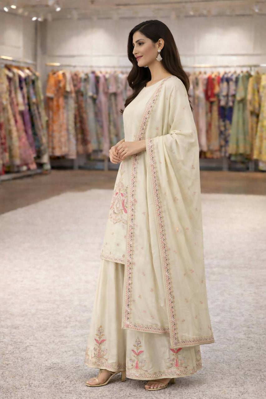 Teeya Creation Cream Chinnon Designer Embroidery Work Party Wear Salwar Suit