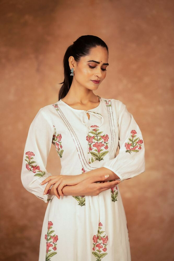 Joban Fashion Off White Pink Floral Hand Block Printed Cotton Kurta Pant Set