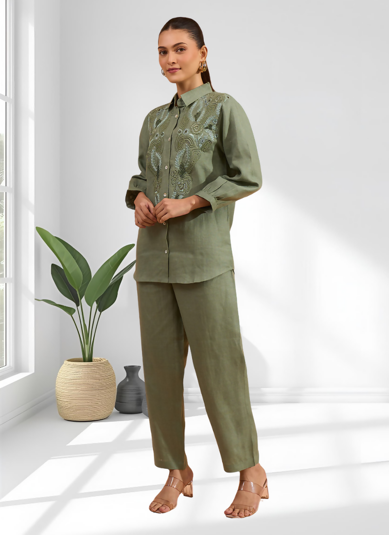 Joban Fashion Pista Green Linen Embroidered Readymade Cord Set