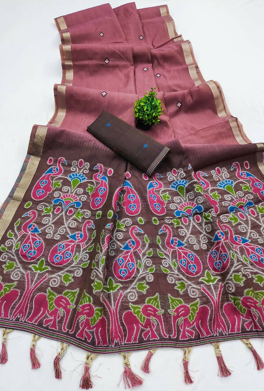 Vastranavya Mauve Muga Cotton Meenakari & Azarakh Pallu Saree with Contrast Blouse