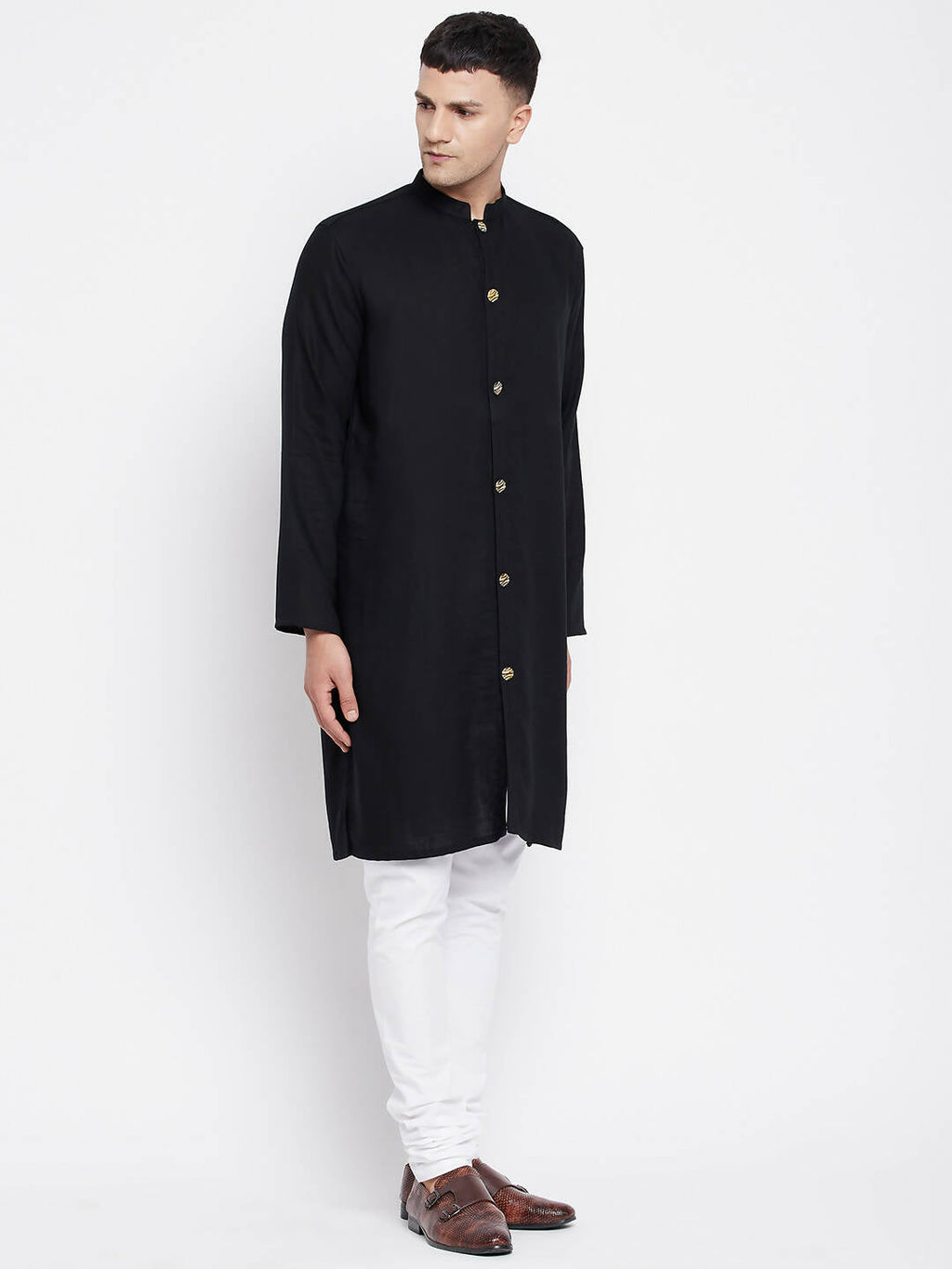 Even Apparels Black Pure Cotton Men's Sherwani Kurta With Open Front
