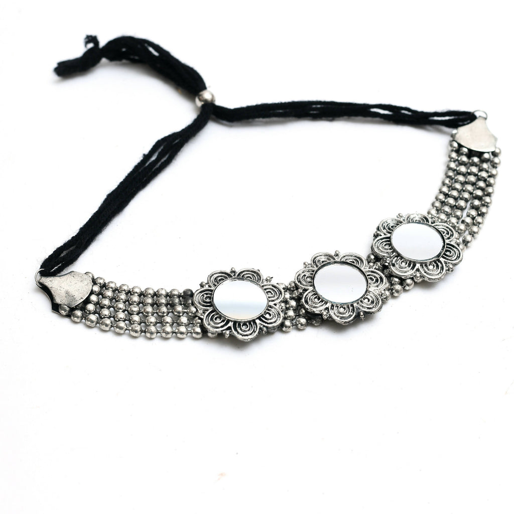 Mominos Fashion Johar Kamal Oxidised Silver-Plated Mirror Design Necklace Choker Set For Women