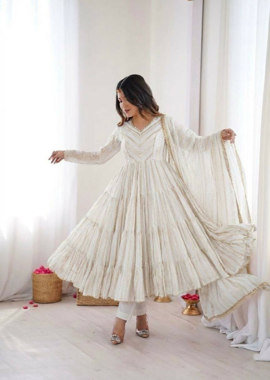 Teeya Creation White Color Mal Chanderi Silk Hand Embroidery Work Long Gown