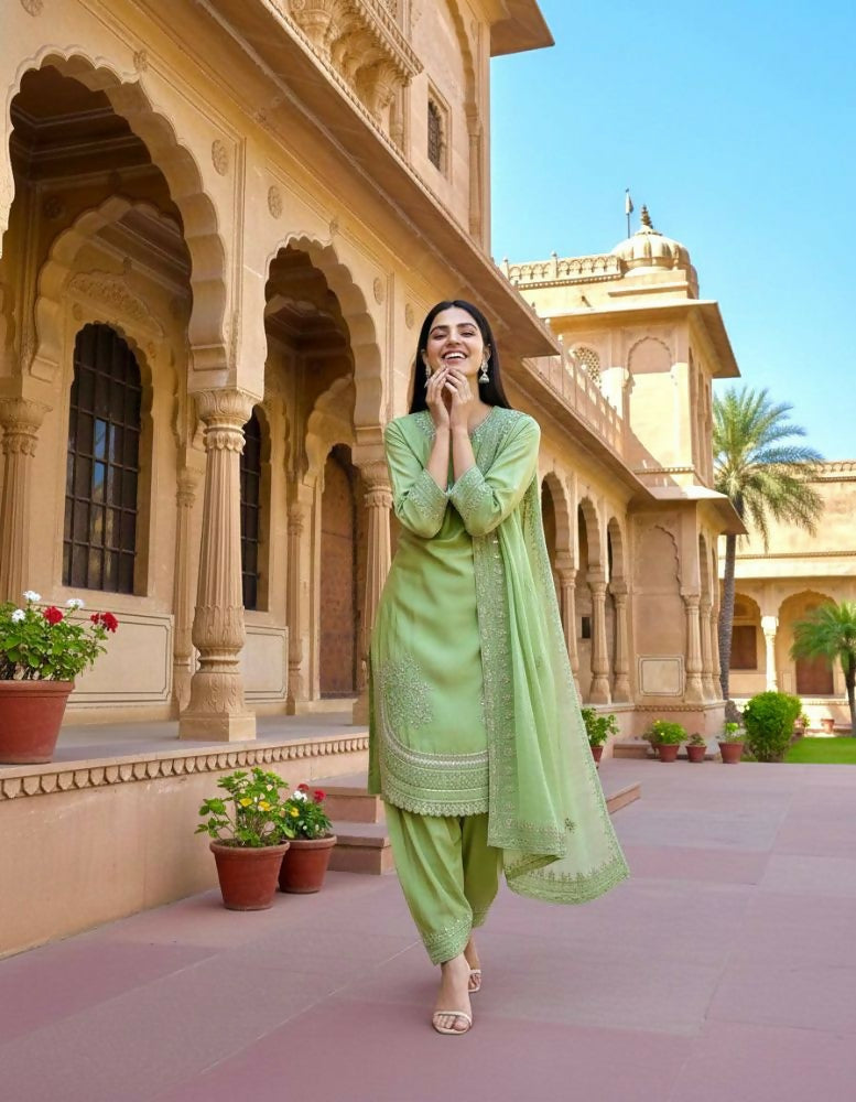 Teeya Creation Pista Color Natural Creap Silk Designer Fancy Party Wear Salwar Suit