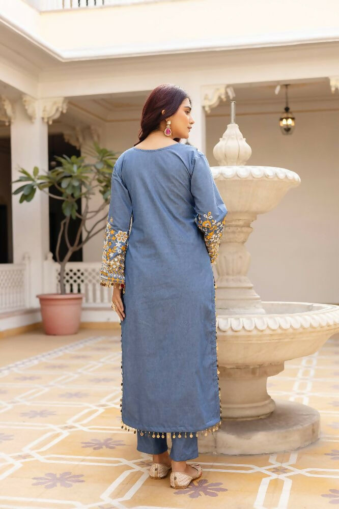 Teeya Creation Blue Color Cotton Denim Party Wear Real Mirror Work kurti