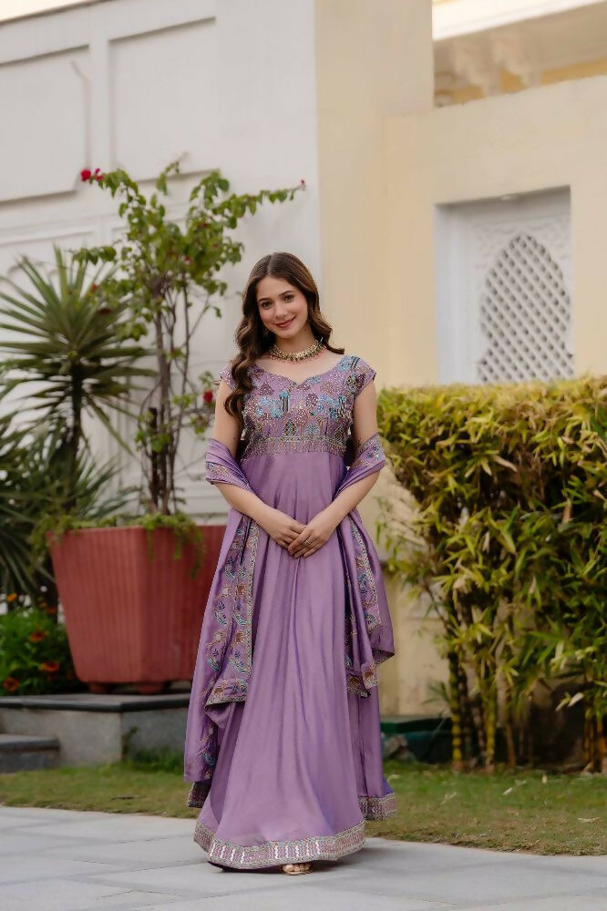 Teeya Creation Lavender Color Vichitra Silk Designer Party Wear long Gown