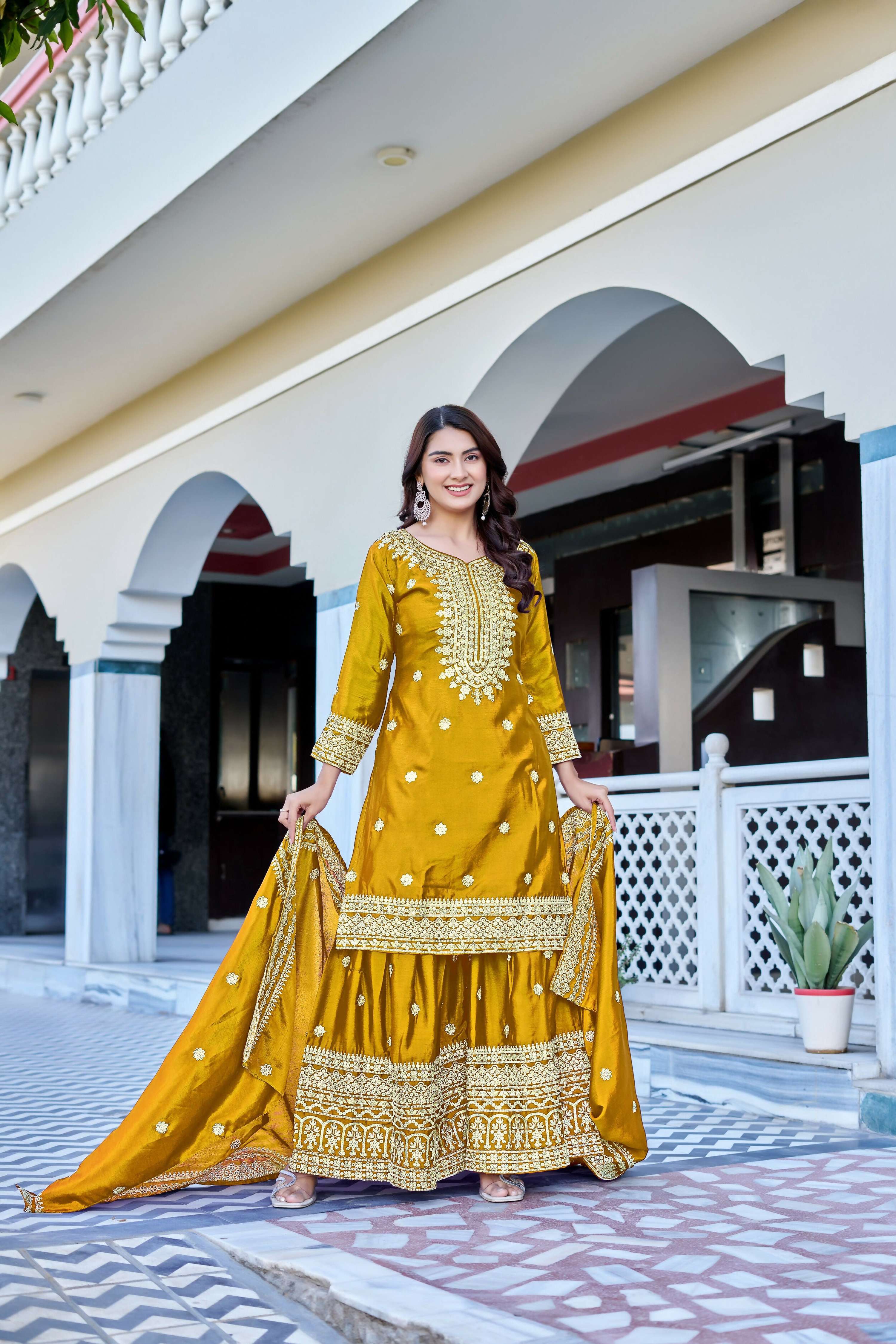 Teeya Creation Yellow Color Chinon Silk Heavy Embroidery Work Wedding Wear Sharara