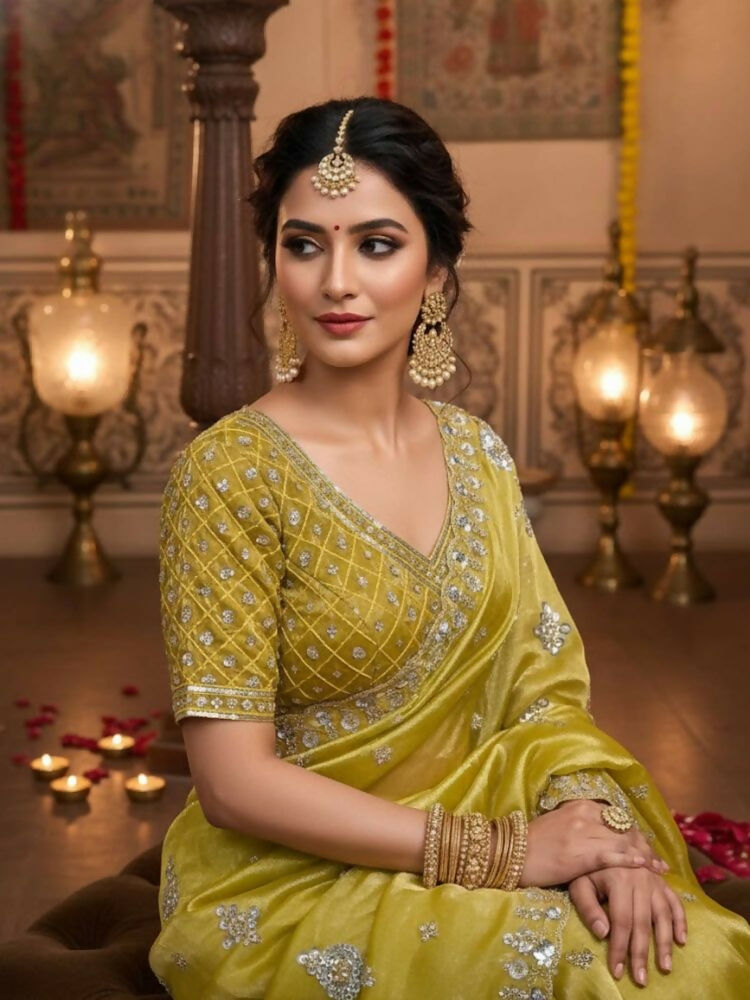 Joban Fashion Yellow Fandy Satin Silk Party Wear Sarees