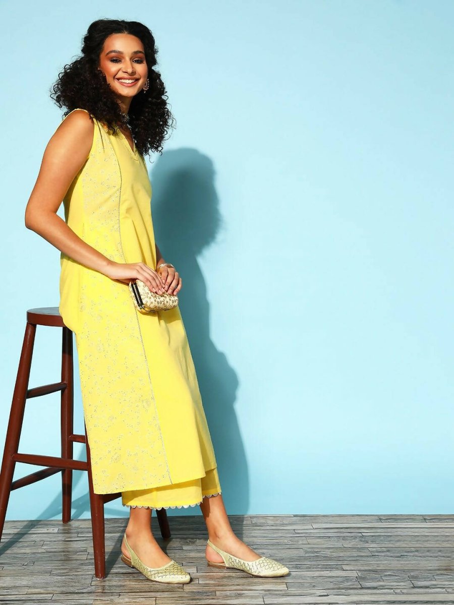 Ahalyaa Women Yellow Colour Cotton Printed Kurta Palazzo Set