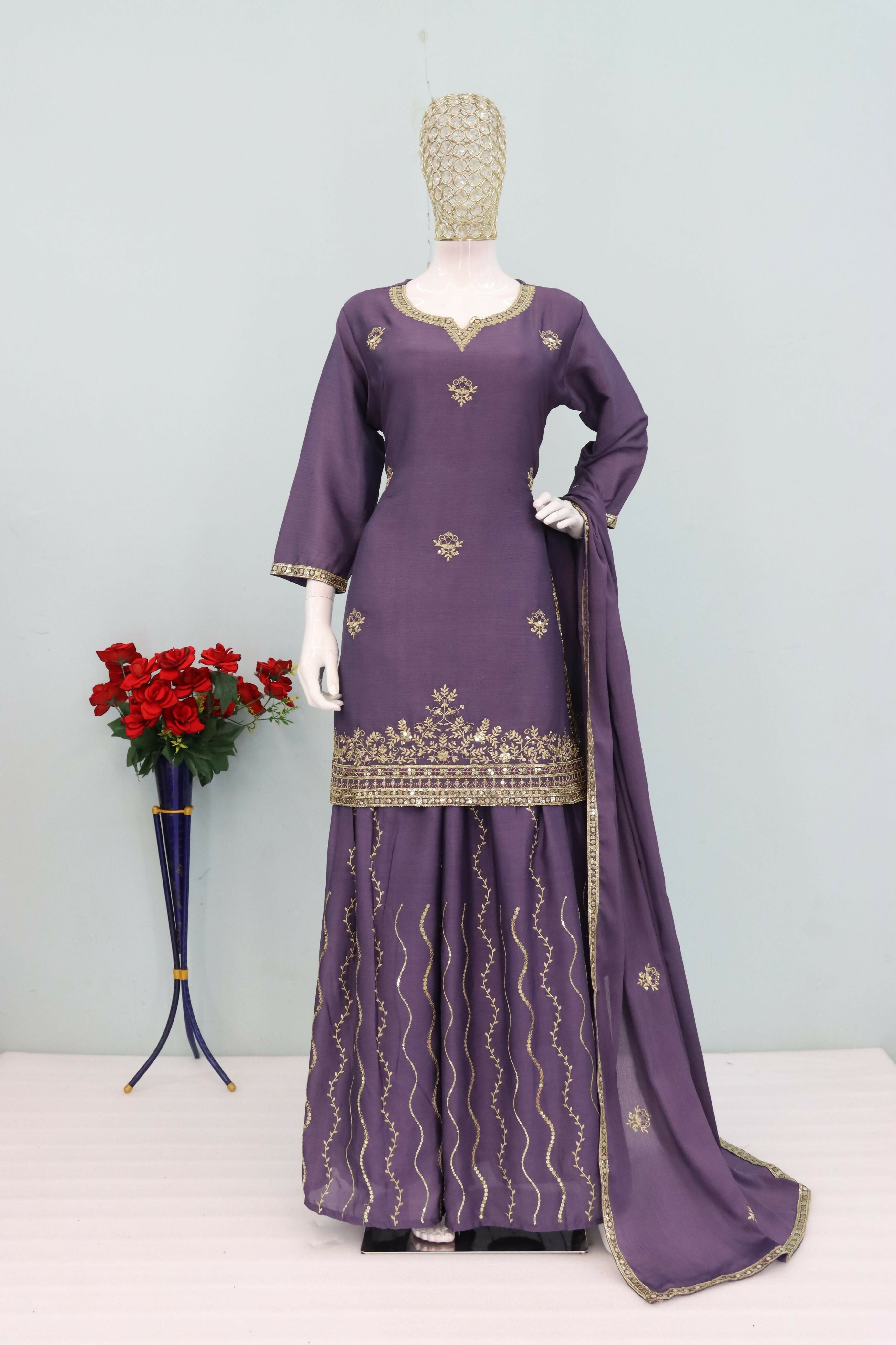 Teeya Creation Onion Color Chinon Silk Heavy Embroidery Work Party Wear Palazzo Set