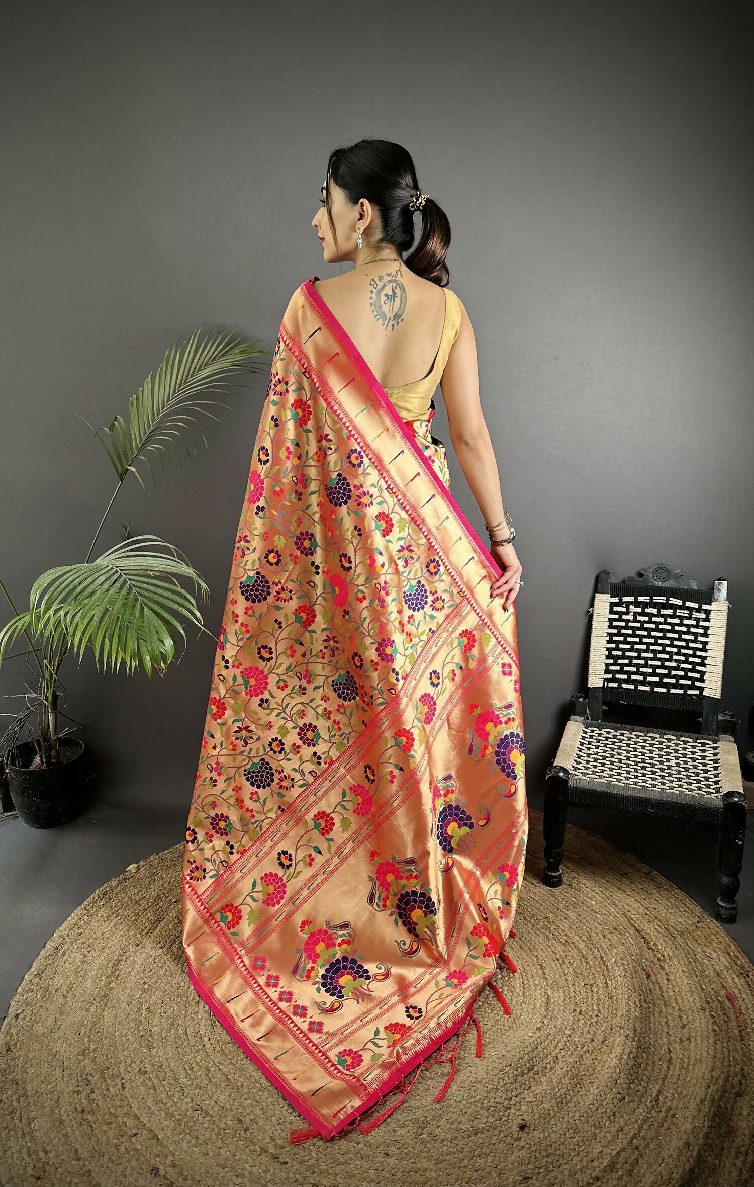 Joban Fashion Golden-Orange Intricate Floral & Leaf Soft Silk Paithani Saree