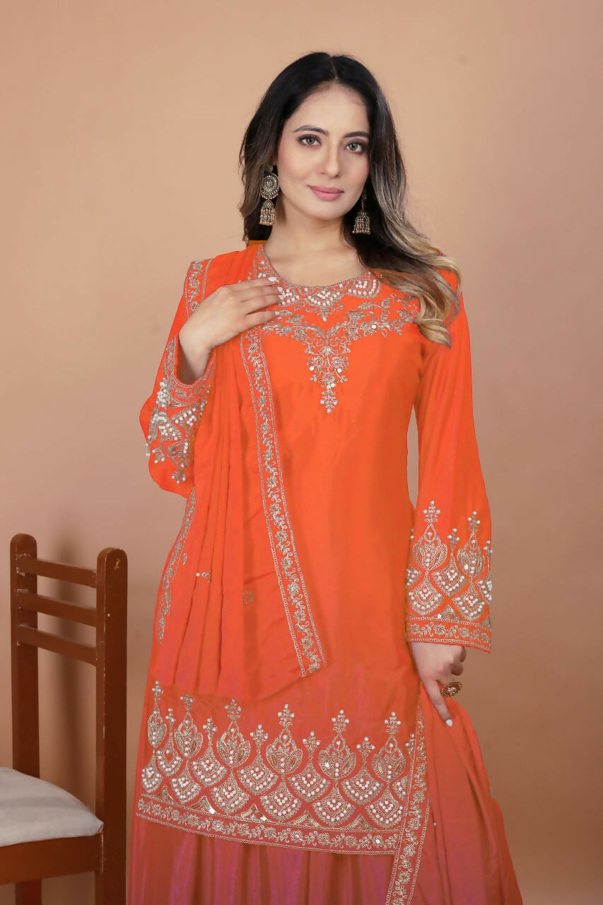 Joban Fashion Orange Silk Embroidered Sharara Set