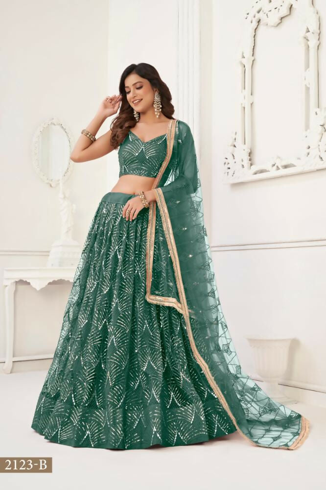 Aastha Fashion Bottle Green Butterfly Net Tone To Tone Thread Work, Sequence Work And Original Mirror Work Embroidery Wedding Wear Lehenga Choli