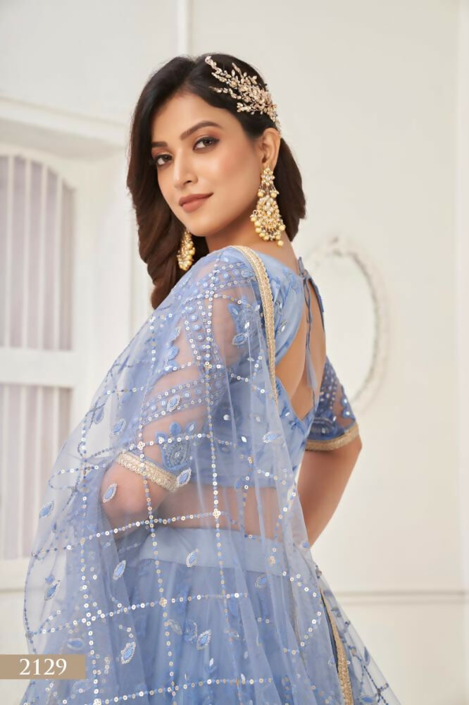 Aastha Fashion Neon Blue Butterfly Net Tone To Tone Thread Work, Sequence Work Embroidery With Original Mirror Handwork Wedding Wear Lehenga Choli