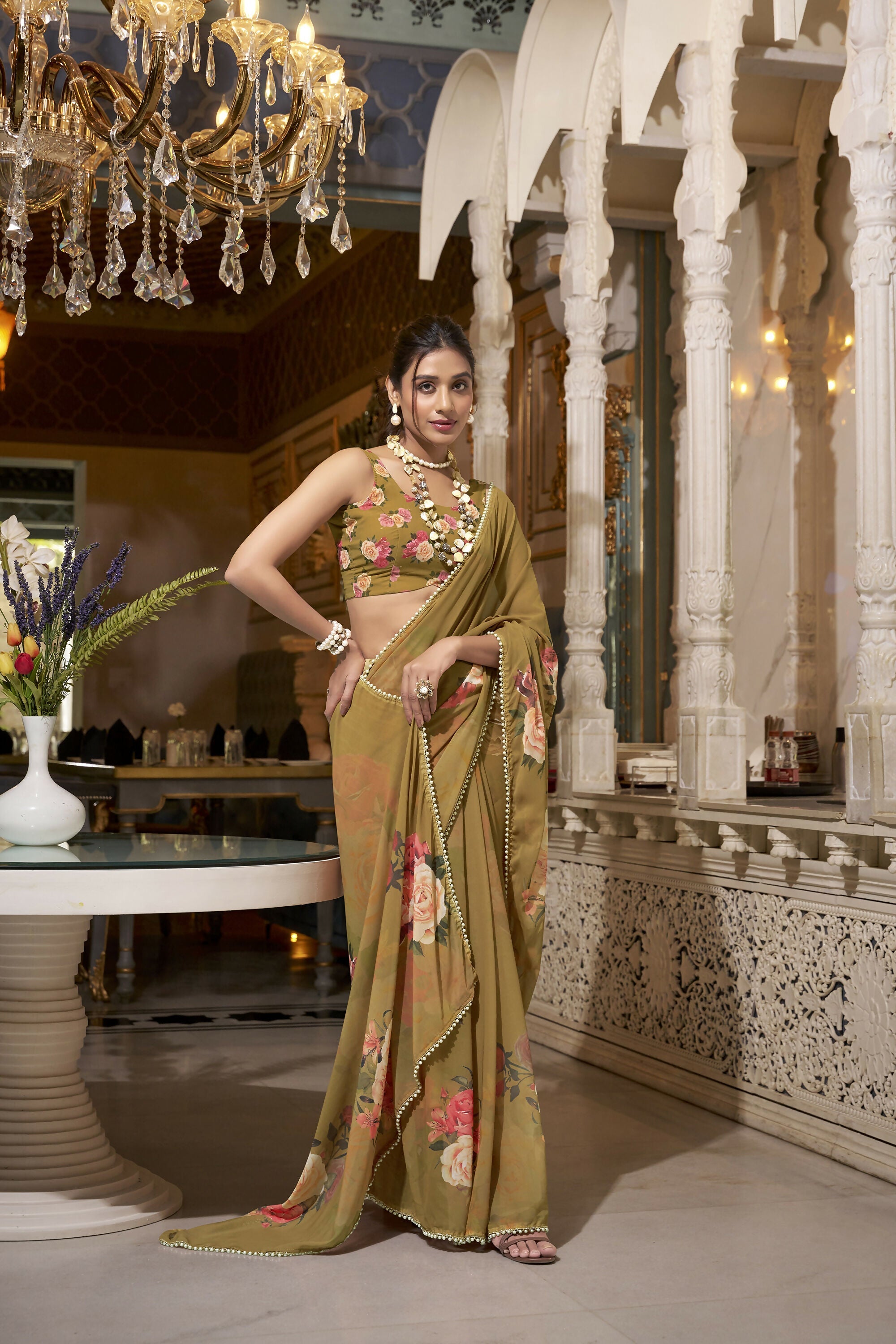 Vastranavya Brown Spectacular Georgette Printed with Pearl Lace Saree with Unstitched Blouse