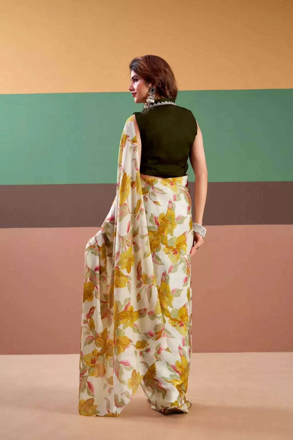 Vastranavya Yellow Satin Silk Floral Printed Saree with Stitched Blouse