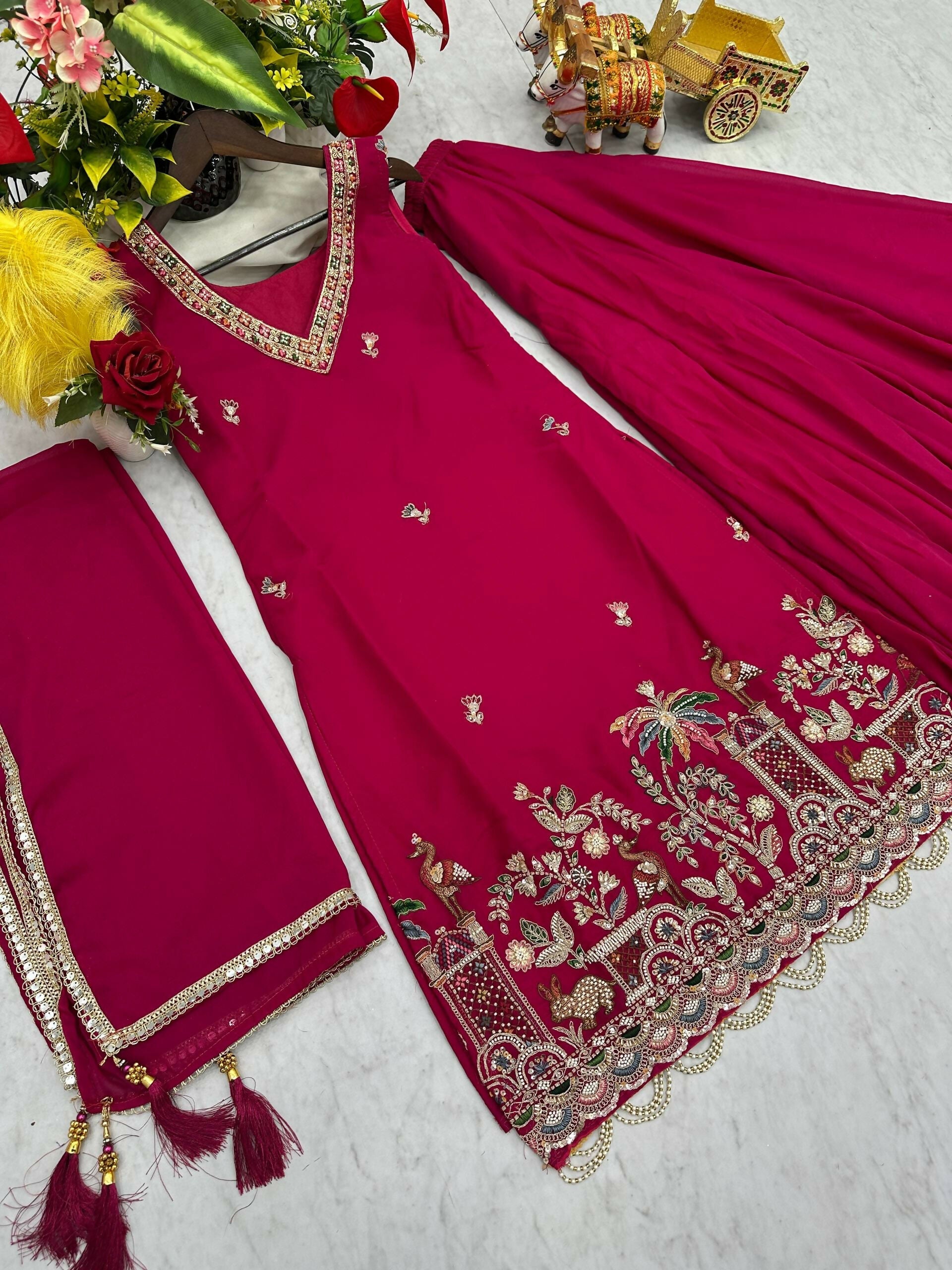 Teeya Creation Womens New Stylish Moti Beads With Cording Sequence Thread Embroidery Work Pink Kurta Set