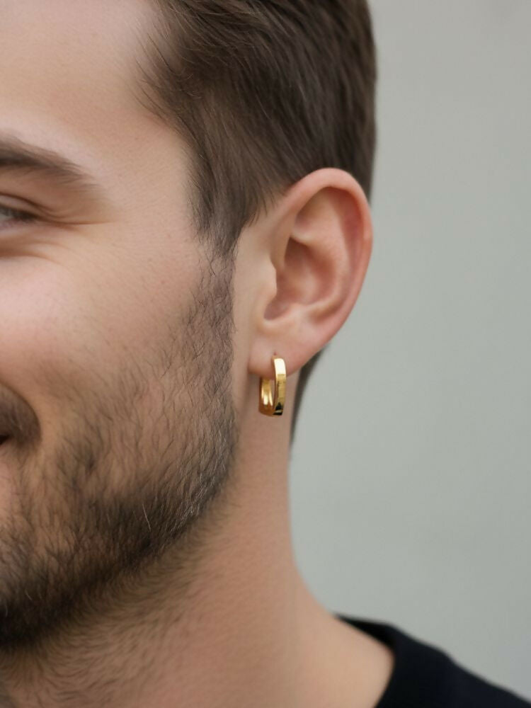 NVR Men's Gold Plated Geomatric Shaped Hoop Earrings