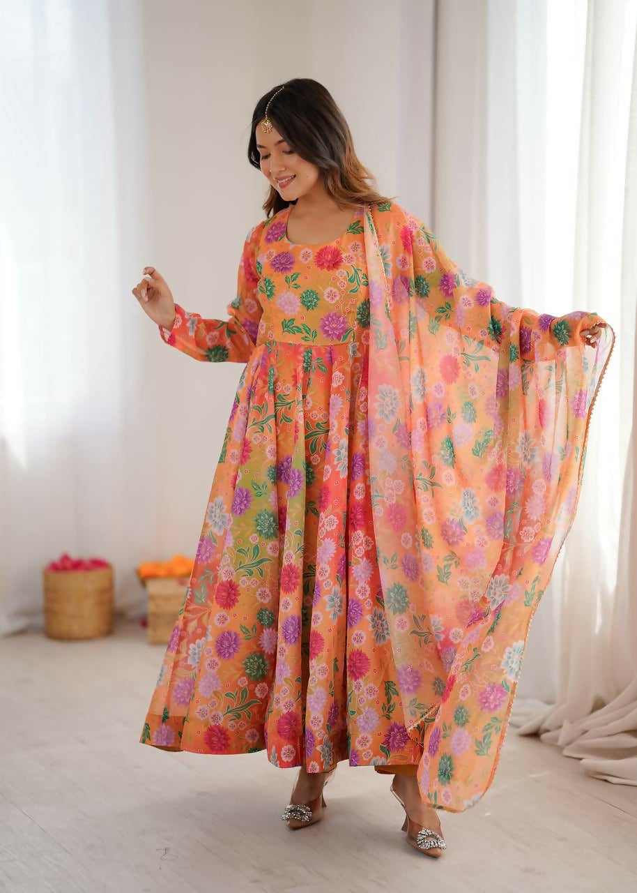 Teeya Creation Orange Soft Organza Digital Printed Party Wear Long Gown