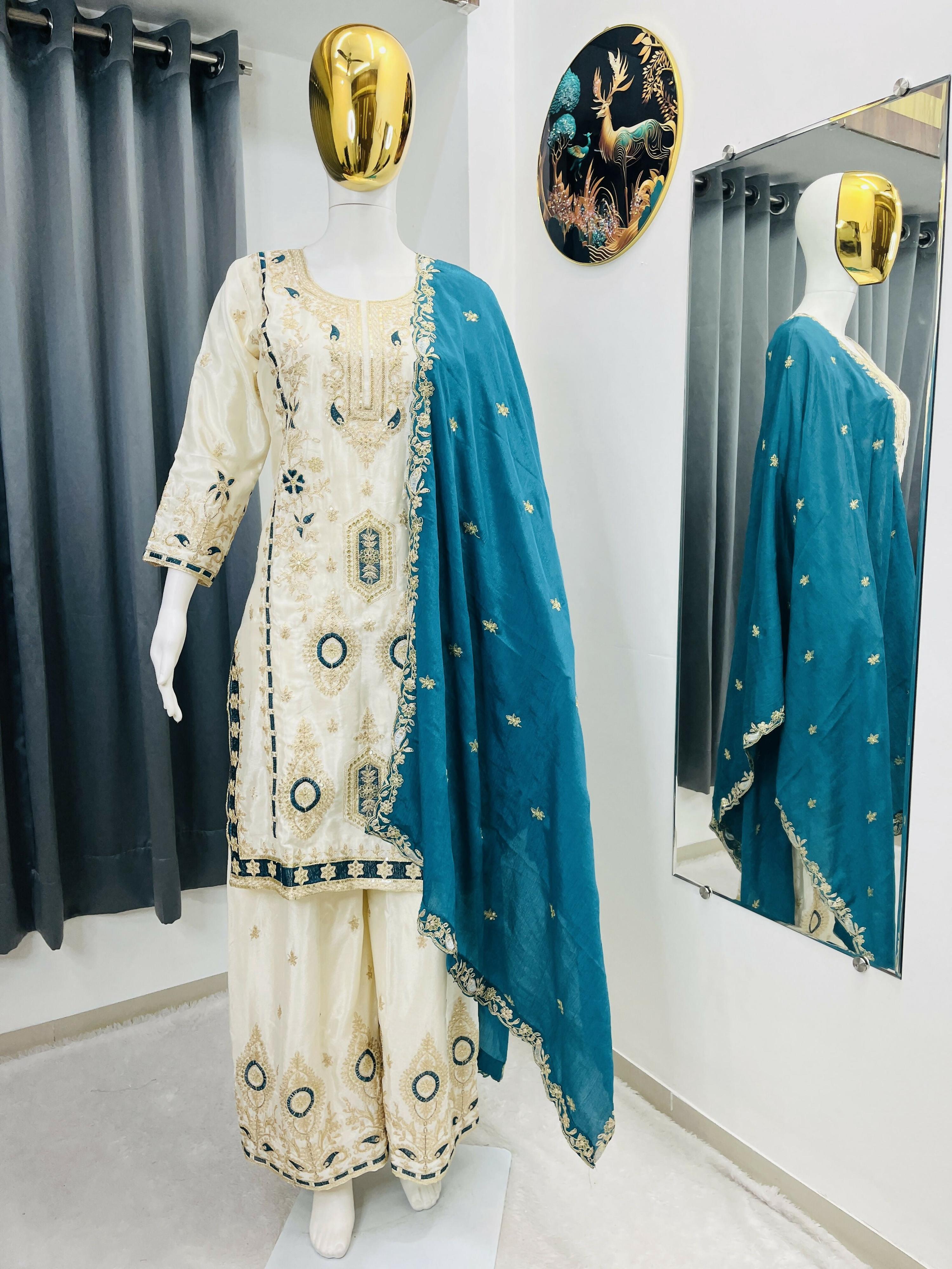Teeya Creation White Color Chinon Silk Party Wear Trending Palazzo Set