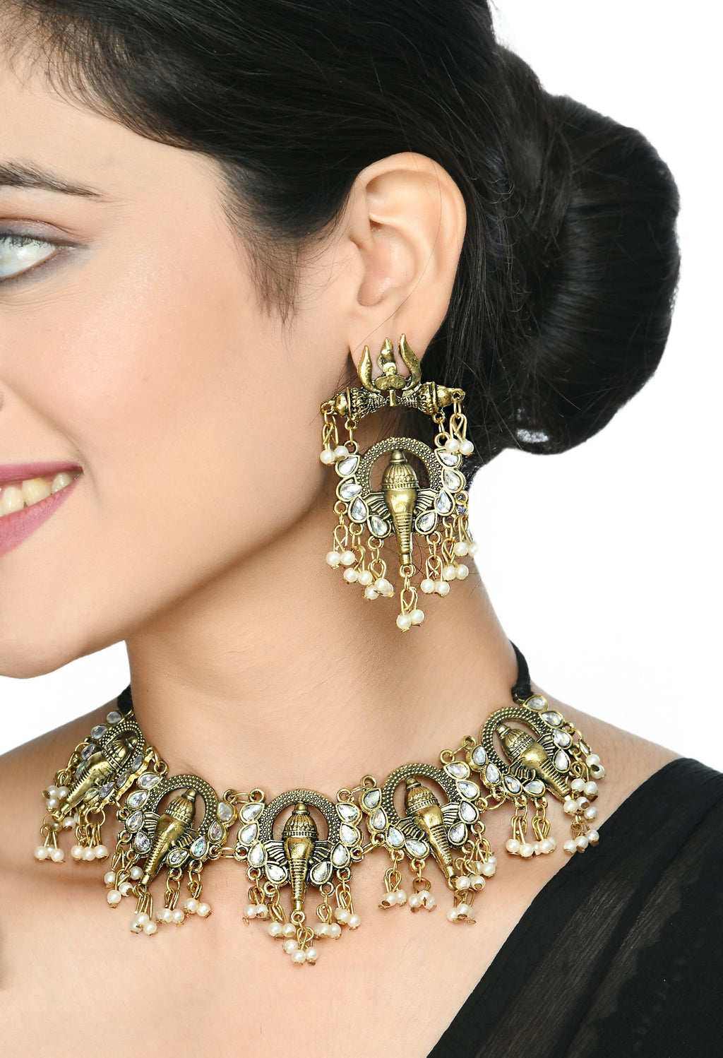 Mominos Fashion Johar Kamal Oxidised Gold-Polished Ganesha Design Necklace Choker Set