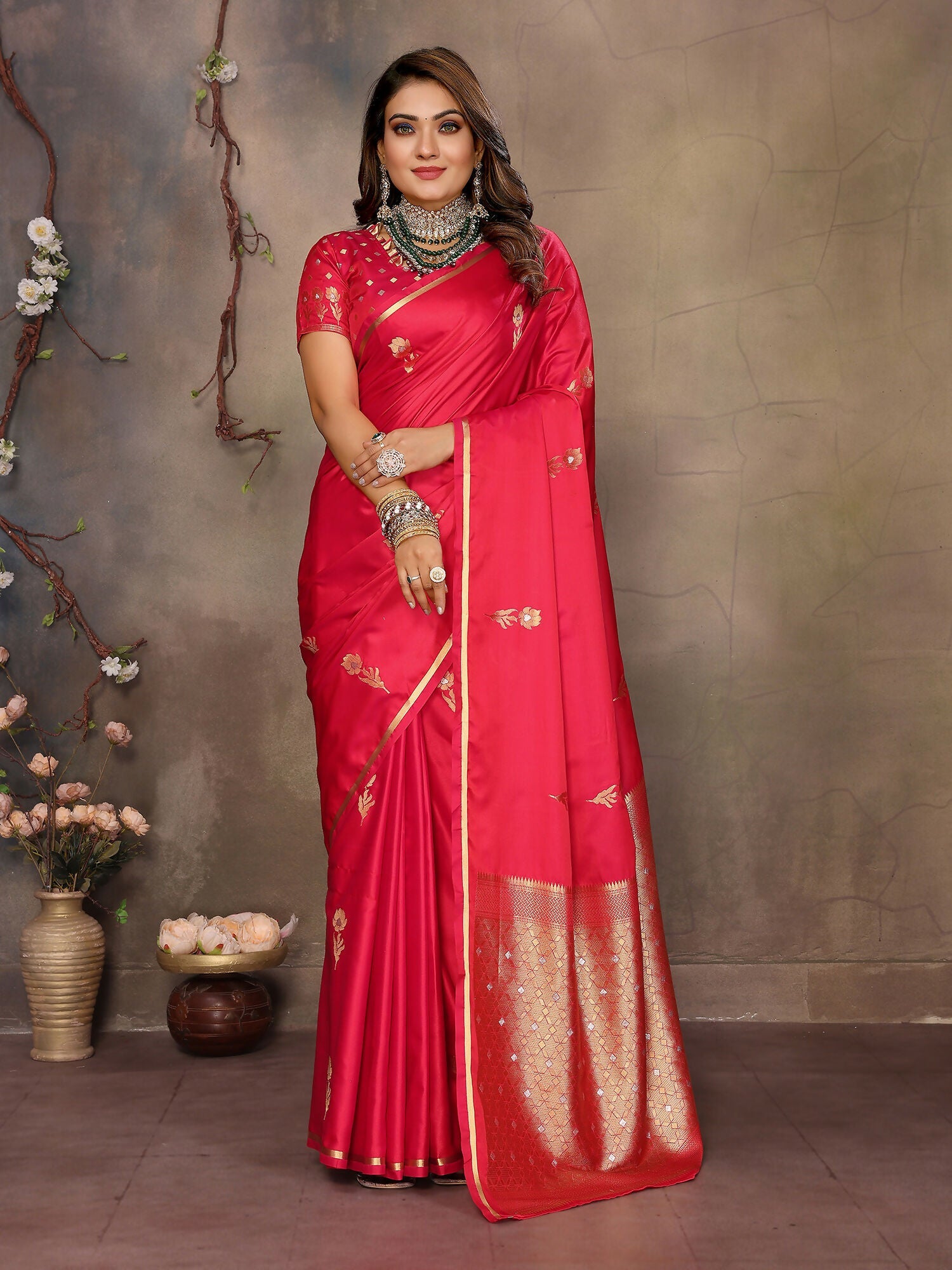 Joban Fashion  Brick Red Floral & Botanical Motifs Satin Silk Banarasi Silk Saree