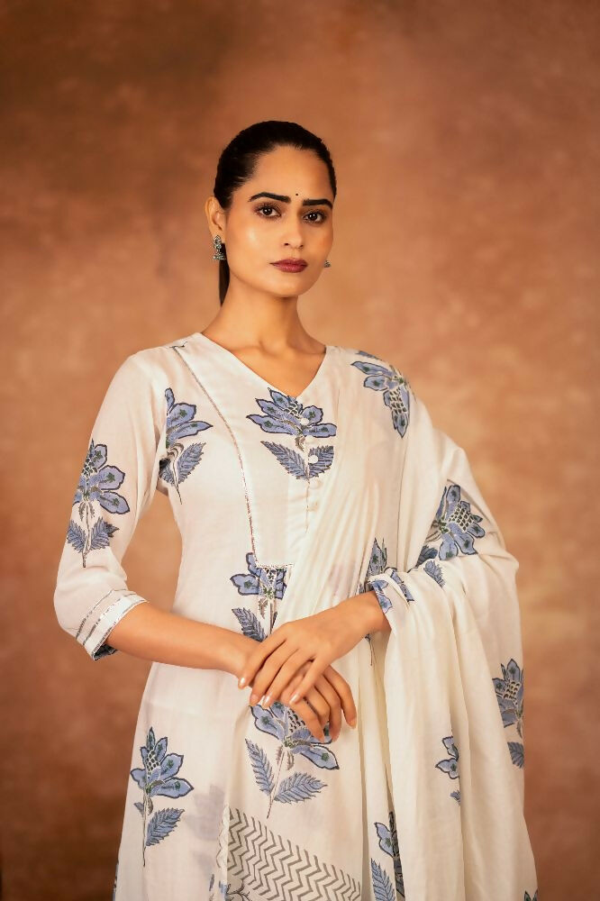 Joban Fashion Off White Blue Hand Block Printed Cotton Suit Set