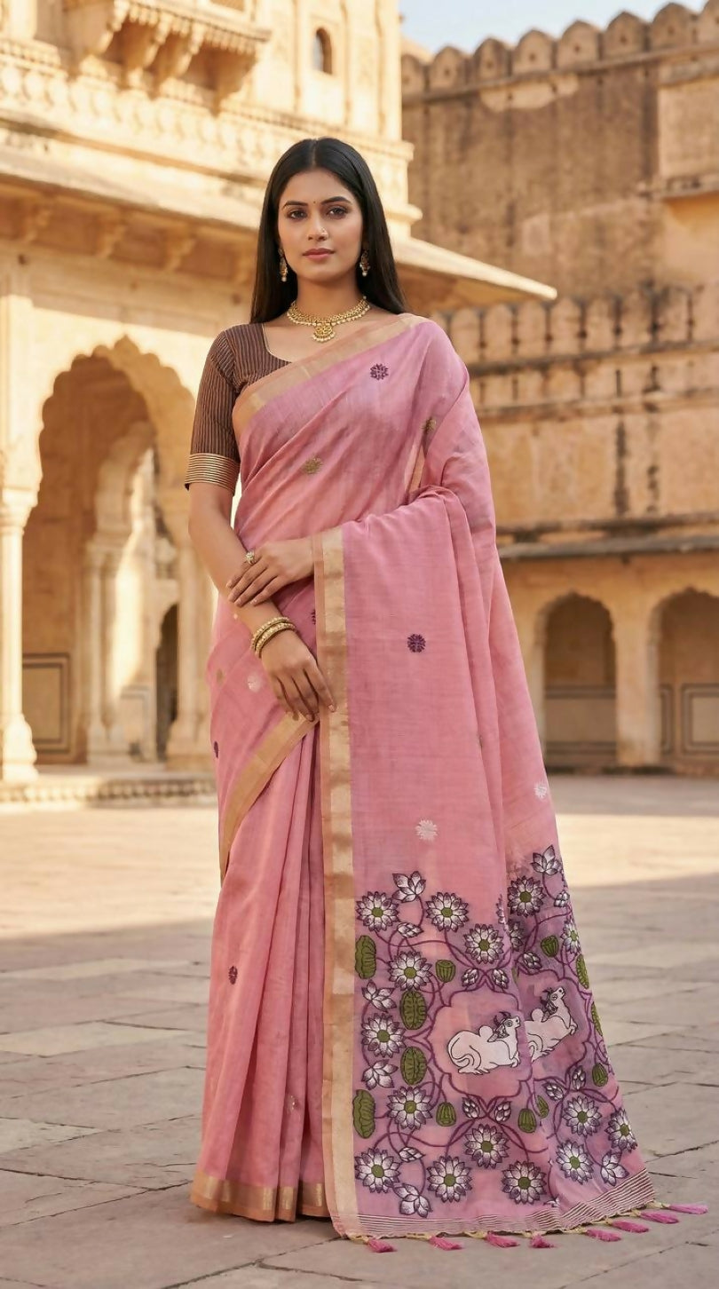 Vastranavya Pink Muga Cotton Meenakari & Azarakh Pallu Saree with Contrast Blouse