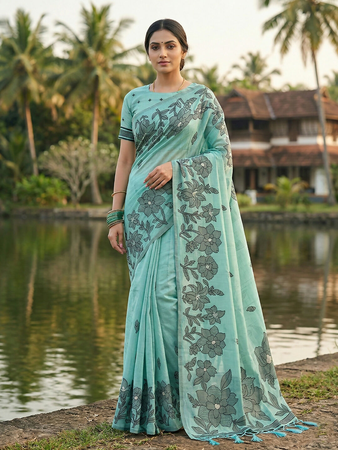 Shree Shyam Fashion Sea Green Linen Cotton Saree