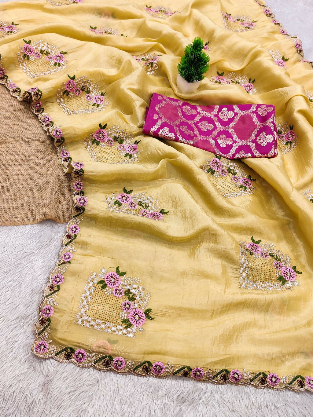 Teeya Creation Yellow Color Pure Paper Silk Heavy Embroidery Work Wedding Wear Saree