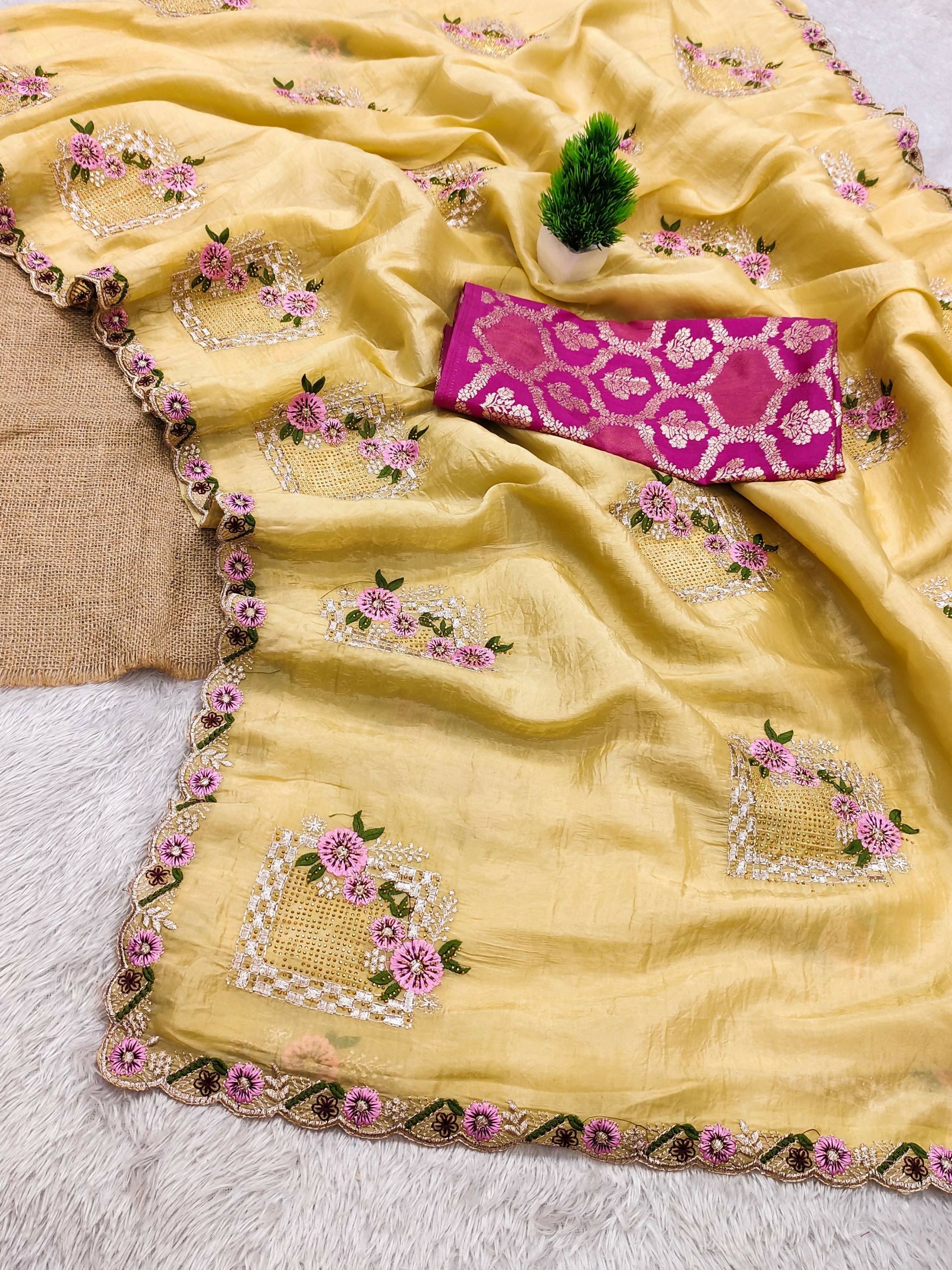 Teeya Creation Yellow Color Pure Paper Silk Heavy Embroidery Work Wedding Wear Saree