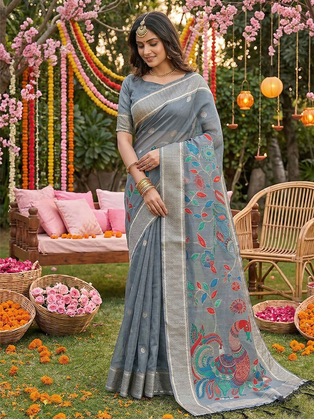Shree Shyam Fashion Gray Linen Cotton Saree