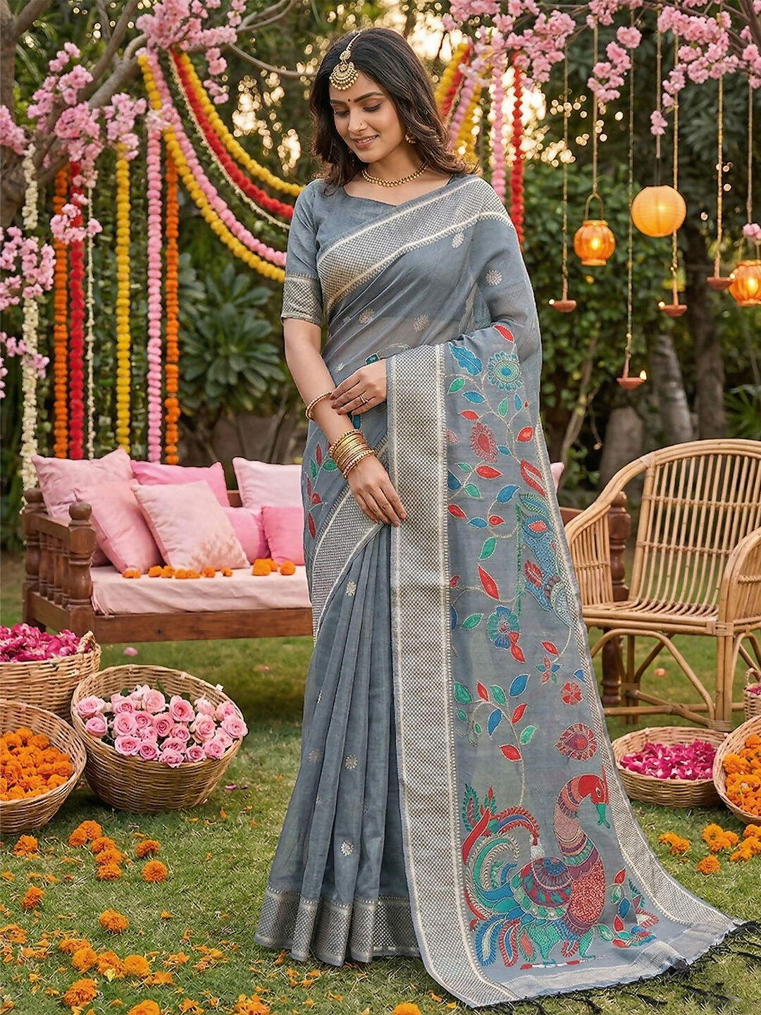 Shree Shyam Fashion Gray Linen Cotton Saree