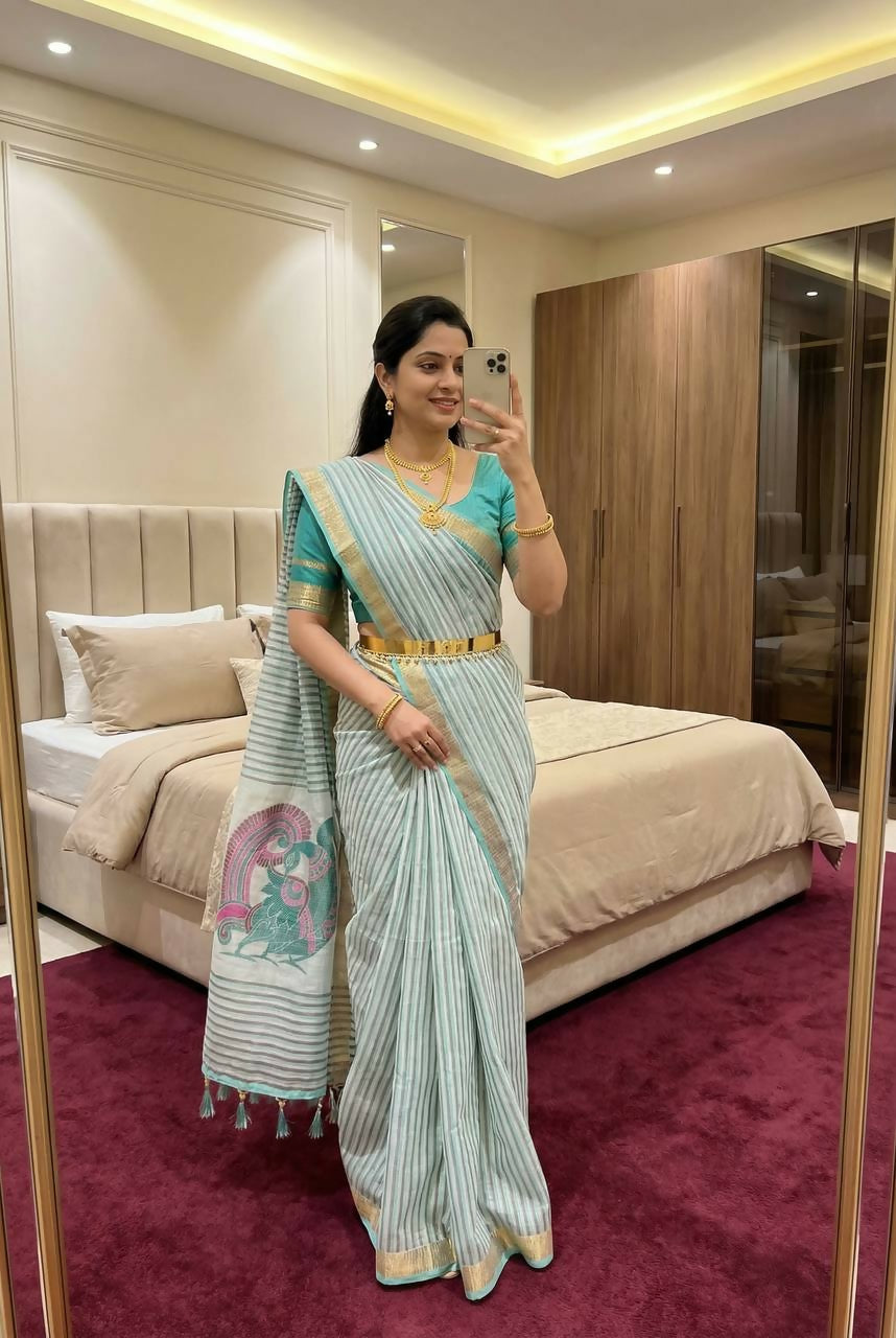 Vastranavya Sky Blue Linen Cotton Meenakari Weaving Pallu Saree with Contrast Blouse