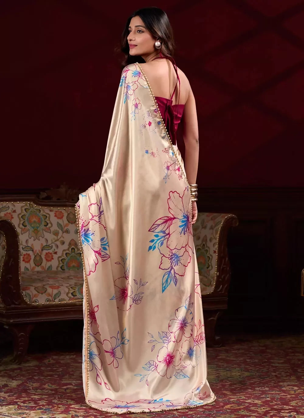 Vastranavya Cream Satin Silk Floral Printed with Pearl Lace Saree with Unstitched Blouse