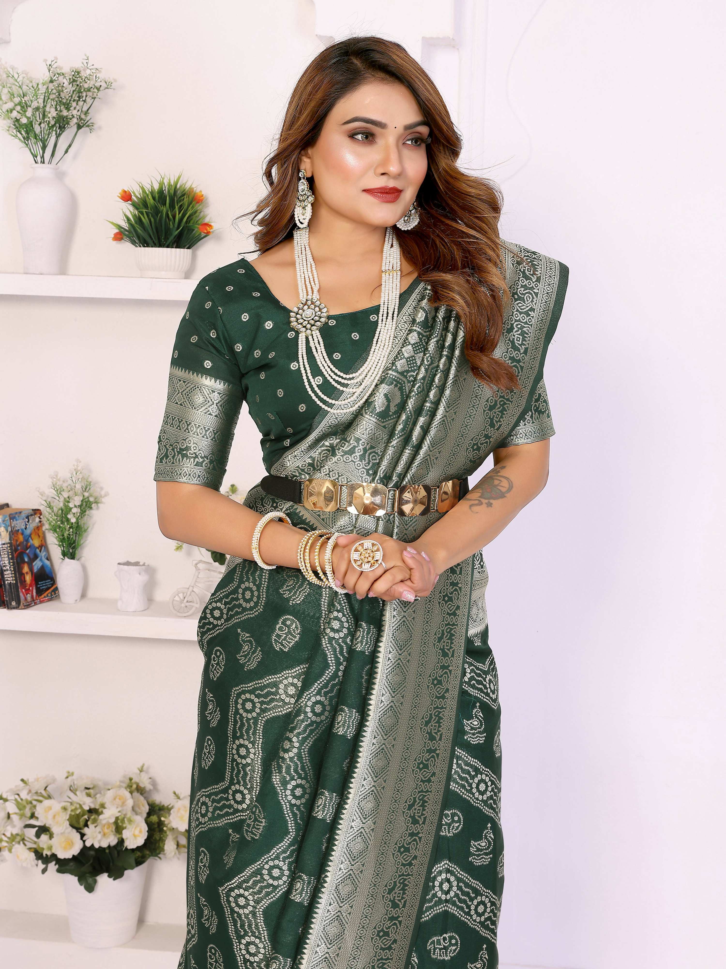 Aastha Fashion Green Georgette Silk Leheriya With Elegant Zari Weaving Saree