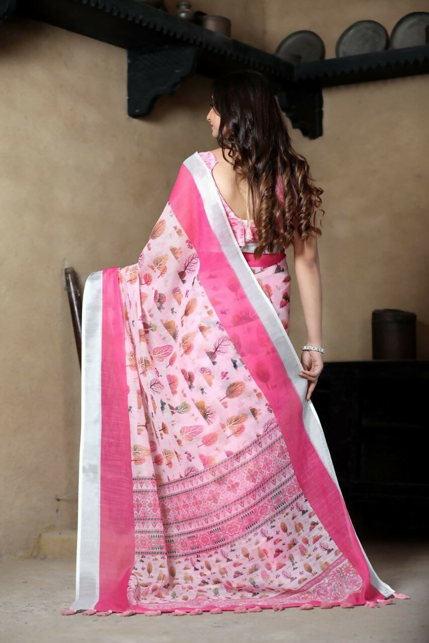 Prime Volt Linen Cotton Pink Printed Saree with Contrast Zari Border and Designer Blouse
