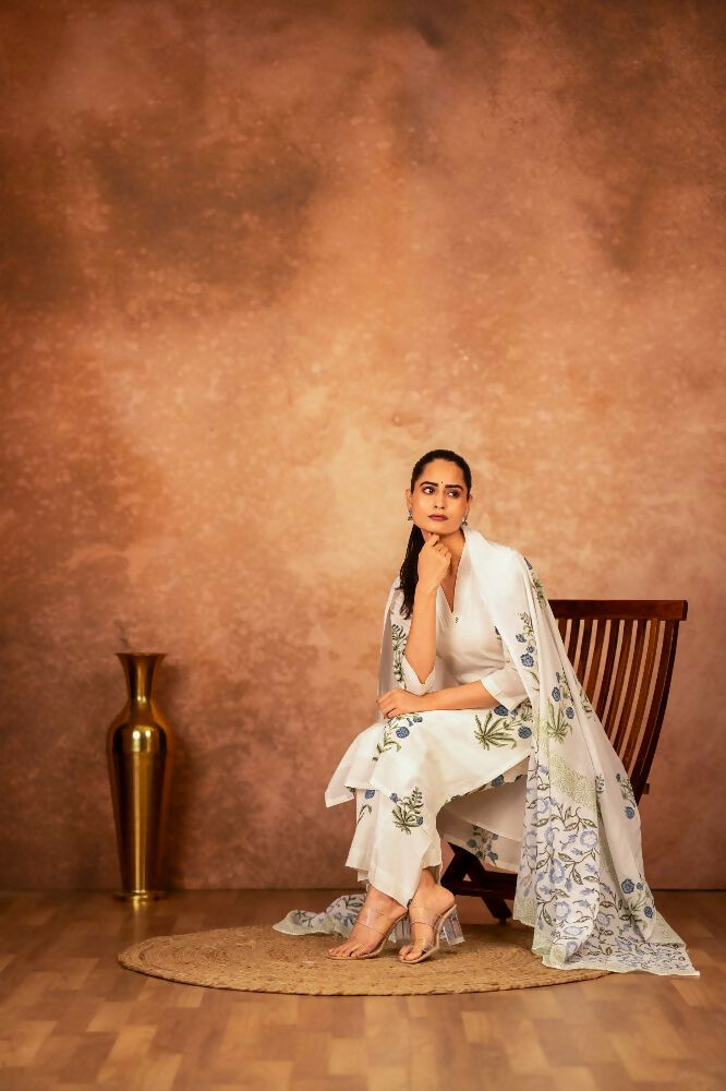 Joban Fashion Off White Blue Hand Block Printed Cotton Suit Set