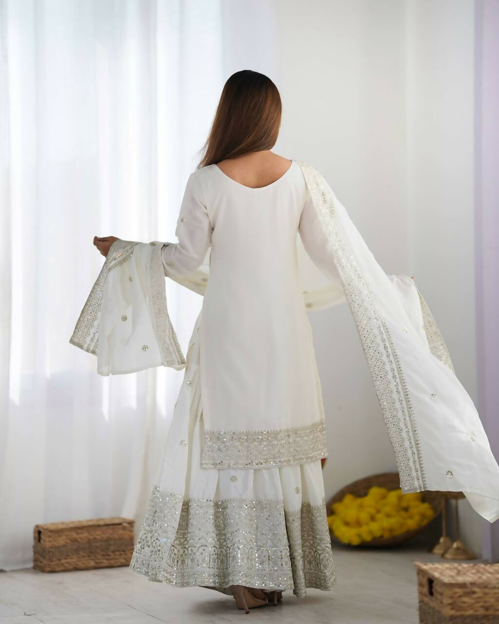 Joban Fashion White Kurta Set Silk Sequins , Zari, Coding & Thread Embroidered work