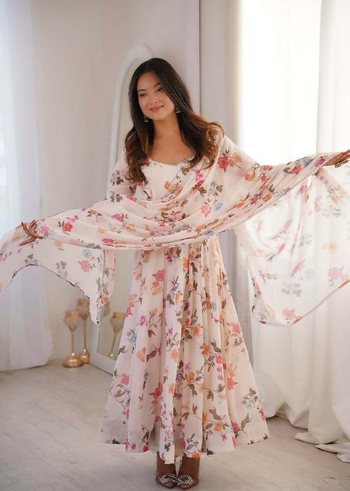 Teeya Creation Cream Faux Georgette Digital Print Party Wear Long Gown