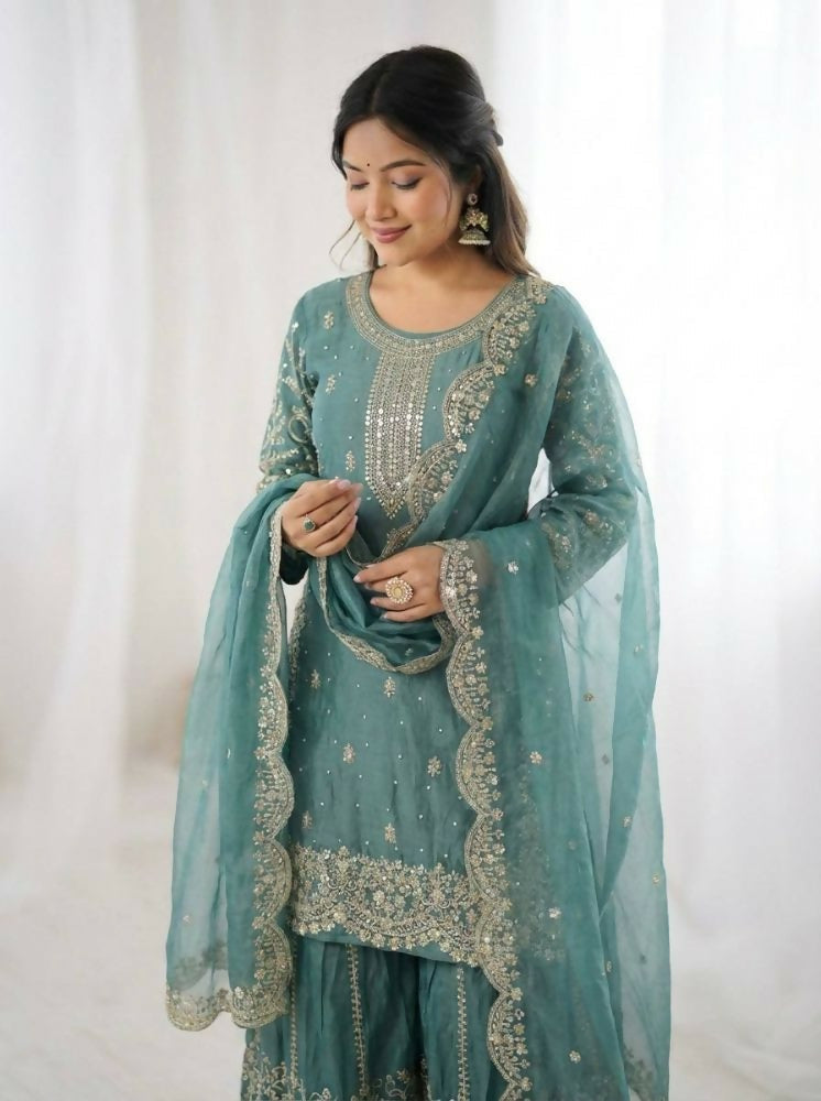 Teeya Creation Turquoise Color Fendy Silk Embroidery Work Wedding Wear Salwar Suit
