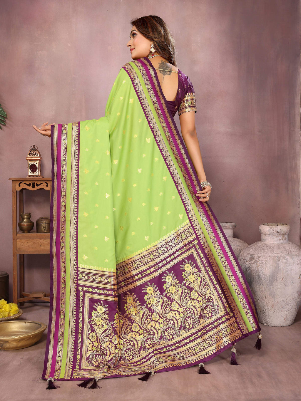 Aastha Fashion Parrot Green Kalamkari Silk Weaving Saree
