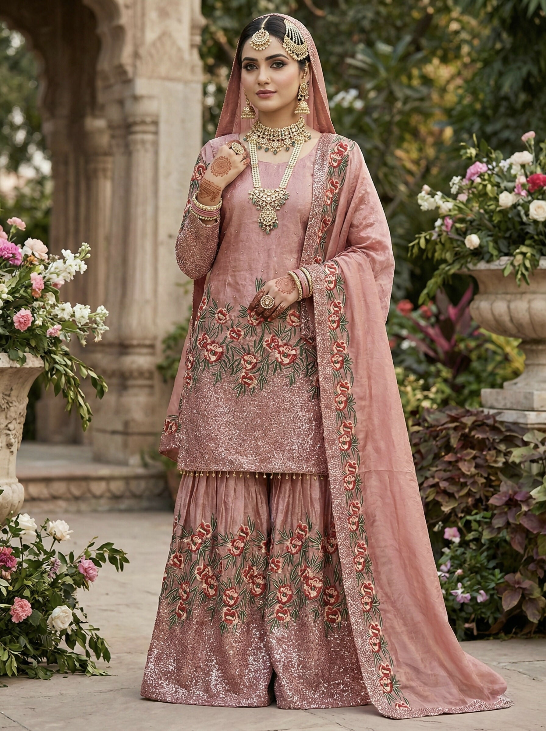 Teeya Creation Peach Fendy Silk Heavy Embroidery Work Party Wear Sharara Suit