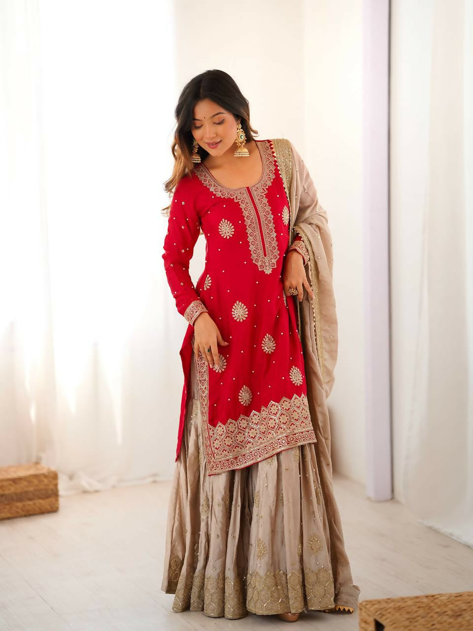 Lehenga Mart Designer Sharara Suit With Kurta, Sharara, Dupatta For Women-Red