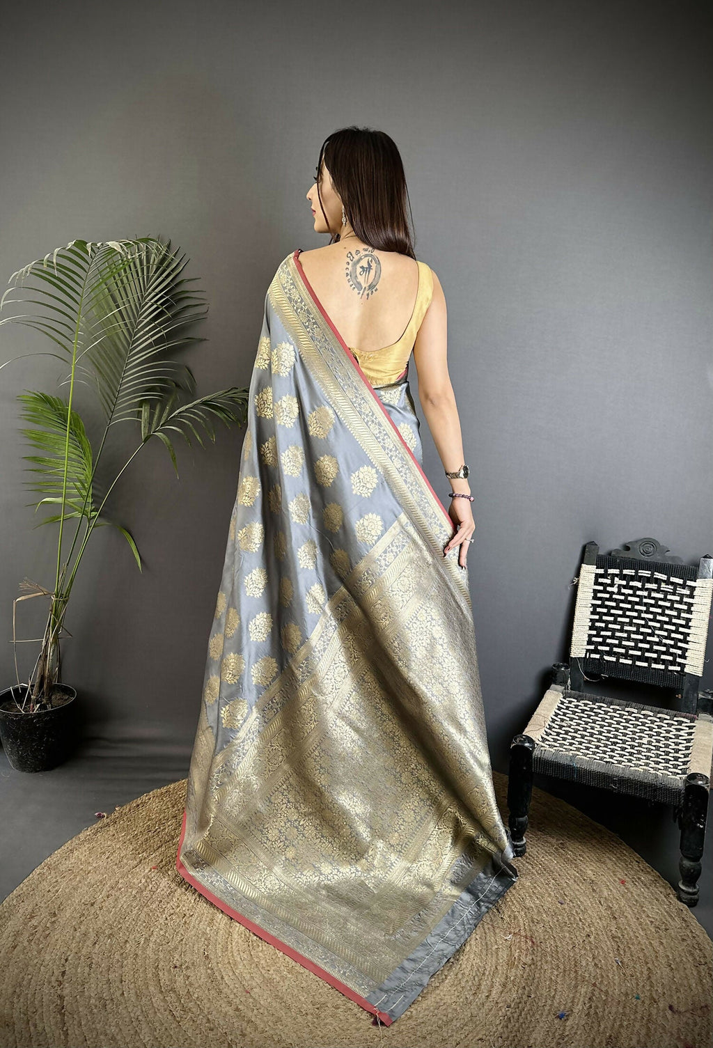 Joban Fashion Grey Ethnic Floral Motifs Soft Lichi Silk Banarasi Saree