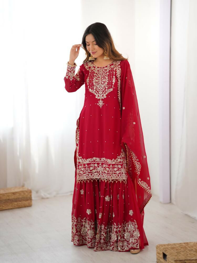 Lehenga Mart Designer Sharara Suit With Kurta, Sharara, Dupatta For Women-Red